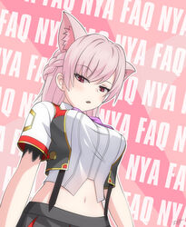  animal_ear_fluff animal_ears black_skirt black_vest blush bow bowtie braid breasts cat_ears collared_shirt commentary disdain female gold_trim hexagon jacket large_breasts long_hair midriff mitsurugi_lia multicolored_vest navel oerba_yun_fang parted_lips pink_background pink_hair purple_bow purple_bowtie raised_eyebrow red_eyes red_vest shirt side_braid signature skin_fang skirt stomach striped_clothes striped_shirt suspender_skirt suspenders text_background vertical-striped_clothes vertical-striped_shirt vest virtual_youtuber wactor_production white_shirt zero_(73ro) 