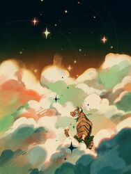  animal animal_focus closed_mouth cloud cloud_focus english_commentary highres jauni_(tofublock) looking_up no_humans original sitting sky sky_focus sparkle star_(sky) starry_sky tiger 