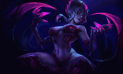  biting_own_lip black_background black_skin breasts claws colored_skin evelynn_(league_of_legends) female glowing glowing_eyes hair_between_eyes hands_up highres large_breasts league_of_legends long_hair looking_at_viewer navel pink_hair purple_skin shiny_skin short_hair smile solo squatting thighhighs zoe_(crownsforkings) 