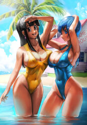  2girls :d absurdres arms_up beach black_eyes black_hair blue_eyes blue_hair blue_one-piece_swimsuit blue_sky breast_press breasts breasts_squeezed_together bulma_briefs casual_one-piece_swimsuit chi-chi_(dragon_ball) cloud covered_navel covered_nipples dragon_ball dragon_ball_z earrings elite_nappa highleg highleg_swimsuit highres house implied_yuri island jewelry kame_house large_breasts long_hair multiple_girls ocean one-piece_swimsuit one_eye_closed open_mouth outdoors palm_tree shiny_skin short_hair sky smile standing swimsuit tree water yellow_one-piece_swimsuit 