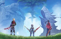  3boys aegis_sword_(xenoblade) black_hair blonde_hair blue_sky brown_hair cloud dual_wielding from_behind grass helmet highres holding holding_weapon hood jacket mechonis monado mr_elementron multiple_boys noah_(xenoblade) outdoors ponytail red_jacket reverse_grip rex_(xenoblade) shorts shulk_(xenoblade) sky standing tree veiled_sword_(xenoblade) weapon xenoblade_chronicles_(series) xenoblade_chronicles_1 xenoblade_chronicles_2 xenoblade_chronicles_3 