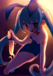  :d animal_ears banananosongen bare_shoulders blue_eyes blue_hair blush bow bowtie breasts cleavage commentary detached_collar female film_grain hatsune_miku holding holding_knife knife long_hair looking_at_viewer open_mouth playboy_bunny rabbit_ears ringed_eyes smile solo twintails very_long_hair vocaloid wrist_cuffs 