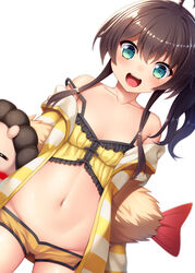  :d ahoge aqua_eyes blush brown_hair camisole collarbone commentary_request dutch_angle ebi_frion_(natsuiro_matsuri) female frills groin highres hololive long_hair looking_at_viewer natsuiro_matsuri natsuiro_matsuri_(matsuri&#039;s_day_off) navel noshimasa open_mouth orange_shorts photoshop_(medium) short_shorts shorts side_ponytail smile solo standing strap_slip v-shaped_eyebrows virtual_youtuber white_background 