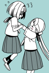  2girls :d blue_background blunt_bangs blush closed_eyes commentary_request embarrassed facing_another flying_sweatdrops from_side hair_ornament hair_scrunchie hairband hairclip happy highres hitoribocchi_no_marumaru_seikatsu katsuwo_(cr66g) kurai_kako lifting_person long_hair looking_at_another multiple_girls open_mouth partially_colored pleated_skirt profile sailor_collar school_uniform scrunchie serafuku shirt shoes short_hair short_sleeves simple_background skirt smile socks sotoka_rakita split_mouth standing twintails uwabaki very_long_hair 