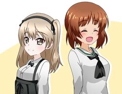  2girls :d back-to-back bad_id bad_twitter_id black_bow black_bowtie black_neckerchief black_skirt blouse bow bowtie brown_eyes brown_hair casual closed_eyes closed_mouth collared_shirt commentary facing_viewer girls_und_panzer high-waist_skirt highres light_brown_hair long_hair long_sleeves looking_at_viewer multiple_girls neckerchief nishizumi_miho one_side_up ooarai_school_uniform open_mouth outline sailor_collar school_uniform serafuku shimada_arisu shirt short_hair skirt smile suspender_skirt suspenders tanutika white_outline white_sailor_collar white_shirt yellow_background 