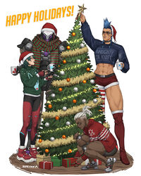  1boy 3girls abs blue_eyes blue_hair blue_sweater bodysuit boots box braid breikka brown_lips christmas christmas_sweater christmas_tree clothes_writing coffee_mug commentary crop_top cropped_sweater cup cyborg dark-skinned_female dark_skin dreadlocks earrings english_commentary eyebrow_piercing facial_tattoo full_body gift gift_box green_hair green_sweater grey_hair happy_holidays hat highres holding holding_cup jewelry joints junker_queen_(overwatch) kiriko_(overwatch) kneeling lip_piercing lip_ring low_twin_braids mechanical_arms mechanical_legs medium_hair midriff mug multiple_girls nose omnic overwatch overwatch_2 piercing ramattra_(overwatch) red_eyes red_footwear red_headwear red_shorts red_sweater robot santa_hat scarf shoes shorts sneakers socks sojourn_(overwatch) studded_choker sweater tall_female tattoo thick_thighs thigh_boots thighs turtleneck turtleneck_sweater twin_braids very_dark_skin white_socks 