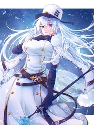  azur_lane belt black_gloves breasts buttons coat commentary double-breasted elbow_gloves female fur-trimmed_coat fur_trim gloves hand_on_own_chest hat highres holding holding_scepter jacket jacket_on_shoulders large_breasts long_hair looking_at_viewer multiple_belts parted_lips red_eyes scepter shichijou_natori solo sovetskaya_rossiya_(azur_lane) white_hair 