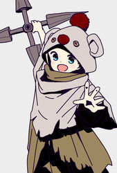  :d arm_up blonde_hair blue_eyes character_hood cloak commentary_request cosplay dot_nose female final_fantasy final_fantasy_vii final_fantasy_vii_remake grey_background grey_cloak happy highres hitoribocchi_no_marumaru_seikatsu holding holding_weapon hood hood_up katsuwo_(cr66g) looking_at_viewer moogle open_mouth shuriken simple_background smile solo sotoka_rakita split_mouth spread_fingers standing torn_cloak torn_clothes weapon yuffie_kisaragi yuffie_kisaragi_(cosplay) 