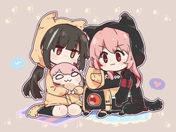  2girls :3 absurdres animal_ears animal_hood armband banana_(girls&#039;_frontline) black_gloves black_hair black_jacket black_legwear blush_stickers brown_background brown_jacket checkered chibi closed_mouth commentary_request dinergate_(girls&#039;_frontline) dotted_line fake_animal_ears fake_tail girls&#039;_frontline gloves grey_hair heart heterochromia highres hood hood_up hooded_jacket jacket kneehighs long_hair long_sleeves m4_sopmod_ii_(girls&#039;_frontline) m4_sopmod_ii_jr multicolored_hair multiple_girls non-humanoid_robot orange_eyes outline pantyhose pink_hair plug_(feng-yushu) puffy_long_sleeves puffy_sleeves red_eyes red_hair ribbon_trim ro635_(girls&#039;_frontline) robot sitting sleeves_past_wrists socks spoken_heart streaked_hair tail v-shaped_eyebrows very_long_hair wariza white_outline 