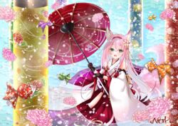  absurdres animal_ears artist_name azur_lane bare_shoulders black_gloves chinese_peony detached_sleeves falling_petals female floral_print flower fox_ears fox_girl fox_tail from_above gloves green_eyes hair_ornament hairband hanazuki_(azur_lane) hands_up highres hip_vent holding holding_umbrella japanese_clothes kimono long_hair looking_at_viewer looking_up nako_nya oil-paper_umbrella origami peony_(flower) petals pink_flower pink_hair print_umbrella red_hairband sleeveless sleeveless_kimono solo tail two-handed umbrella very_long_hair wading water white_kimono wide_sleeves 