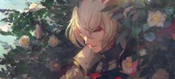  1boy blonde_hair bush camellia commentary egawa_akira eyelashes flower hair_over_one_eye half-closed_eye higekiri_(touken_ranbu) high_collar highres ikebana male_focus portrait red_eyes shadow solo touken_ranbu white_flower 