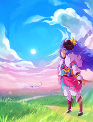  ahoge braid cloud cloudy_sky curled_horns day female flower from_side full_body grass hair_between_eyes hair_flower hair_ornament horns kindred_(league_of_legends) lamb_(league_of_legends) league_of_legends long_hair looking_to_the_side no_mask obi official_alternate_costume official_alternate_hairstyle outdoors sash sky solo_focus spirit_blossom_(league_of_legends) spirit_blossom_kindred standing sun vmat wolf_(league_of_legends) yellow_flower 