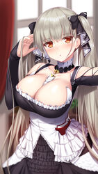  absurdres azur_lane between_breasts blurry blurry_background blush breasts cleavage collarbone commentary_request cowboy_shot curtains detached_collar expressionless female formidable_(azur_lane) frills grey_hair hair_ribbon hand_in_own_hair highres kageira large_breasts long_hair long_sleeves looking_at_viewer red_eyes ribbon solo twintails two-tone_dress two-tone_ribbon very_long_hair window 