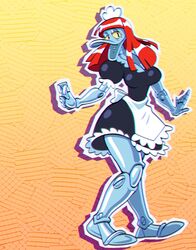  2020 anatid anseriform anthro avian bird chromatic_aberration clothing disney duck ducktales female galactabee grey_body hair hi_res machine maid_headdress maid_uniform red_hair robot robotica solo uniform 