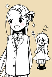  2girls :d arms_behind_back blazer blush bow bowtie brown_background buttons chibi collared_shirt commentary_request dot_nose forehead hair_ornament hair_stick hairclip hands_up happy highres himeji_yanai hitoribocchi_no_marumaru_seikatsu jacket katsuwo_(cr66g) long_hair long_sleeves looking_at_another looking_to_the_side multiple_girls open_mouth partially_colored pleated_skirt school_uniform shadow shirt simple_background skirt smile sotoka_rakita sparkle split_mouth tiara translated very_long_hair 