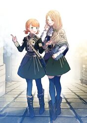  2girls annette_fantine_dominic blonde_hair blue_eyes blue_pantyhose blue_thighhighs book boots bow commentary_request fire_emblem fire_emblem:_three_houses garreg_mach_monastery_uniform green_eyes hairbow highres holding holding_book knee_boots long_hair long_sleeves low_ponytail mercedes_von_martritz multiple_girls open_mouth orange_hair pantyhose sentaku_nori thighhighs twintails uniform 