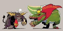  absurdres banana cape cosplay crossover crown deviljho donkey_kong donkey_kong_(cosplay) donkey_kong_(series) donkey_kong_country fangs food frown fruit highres k_rool king_k._rool_(cosplay) looking_at_another monster_hunter_(series) necktie no_humans rajang rariatto_(ganguri) red_cape red_eyes red_necktie roaring signature yellow_eyes 