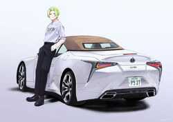  1boy absurdres androgynous black_footwear black_pants car dior ear_piercing green_hair hand_in_pocket highres lexus lexus_lc long_sleeves male_focus motor_vehicle original pants piercing shirt simple_background smirk solo standing taiyaka315 vehicle_focus white_background white_shirt 