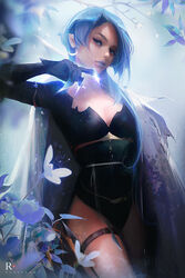  artist_name black_dress black_gloves blue_eyes blue_hair breasts cape claw_(weapon) cleavage commentary dress elf english_commentary female floral_background flower gloves light_particles light_rays lyris magic original outdoors pointy_ears ross_tran solo thigh_strap weapon white_flower 