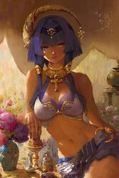  \||/ absurdres ankh arm_support artist_name bare_arms bare_shoulders bikini bikini_top_only black_headband blue_eyes blue_hair blue_skirt blunt_ends bottle breasts bright_pupils candace_(genshin_impact) cleavage commentary dark-skinned_female dark_skin english_commentary faux_traditional_media female flower genshin_impact gold gold_trim groin hair_tubes halterneck headband heterochromia highres jewelry lips long_hair looking_at_viewer medium_breasts nail_polish navel necklace painterly parted_lips pink_flower purple_flower purple_nails ravine_bells rebelle_(medium) red_flower sitting skirt smile solo stomach swimsuit vase white_bikini white_flower yellow_eyes 