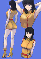  absurdres armpits arms_behind_back black_hair blue_background blue_eyes blush breasts cropped_torso fa_yuiry female from_behind gundam high_heels highres jacket looking_at_viewer medium_breasts medium_hair multiple_views nori_(arara105) parted_lips skirt sleeveless sleeveless_jacket smile yellow_footwear yellow_jacket yellow_skirt zeta_gundam 