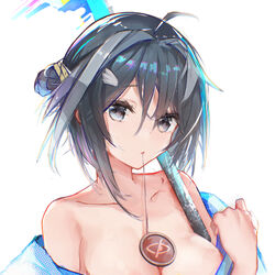  ahoge arknights bare_shoulders black_hair breasts chinese_commentary cleavage collarbone commentary_request fan_(ariku) female grey_eyes hair_between_eyes highres la_pluma_(arknights) la_pluma_(summer_flowers)_(arknights) large_breasts looking_at_viewer off_shoulder official_alternate_costume secretary_settings_(arknights) short_hair solo upper_body white_background 