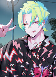  1boy ;p black_shirt earrings green_hair heart highres jewelry lamppost lightning_bolt_print male_focus night one_eye_closed original outdoors parted_bangs pink_eyes power_lines print_shirt red_nails shirt short_hair stud_earrings taiyaka315 tongue tongue_out upper_body 