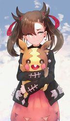  :d asymmetrical_bangs black_hair black_jacket commentary_request dress female grey_eyes hair_ribbon holding holding_pokemon hug hug_from_behind jacket k_futoshi_0n0 light_smile long_sleeves looking_at_viewer marnie_(pokemon) medium_hair morpeko morpeko_(full) open_mouth pink_dress pokemon pokemon_(creature) pokemon_swsh red_ribbon ribbon smile twintails 