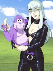  animal banana belt black_belt black_bra black_lips black_pants bliss_(image) blue_eyes bonzibuddy bra breasts cleavage cowboy_shot devil_summoner:_soul_hackers devil_summoner_(series) eyebrows female food fruit giganticbuddha gorilla grin highres holding holding_animal holding_food holding_fruit jacket lips long_hair long_sleeves looking_at_viewer nemissa open_clothes open_jacket outdoors pants photo_background purple_fur sidelocks smile spiked_belt underwear white_hair windows_xp 