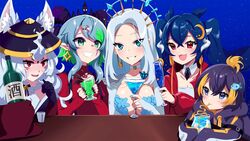  5girls animal_ears apricot_the_lich apricot_the_lich_(winter) black_hair blue_hair bottle breasts choker cleavage cloud9 collarbone constellation cup detached_collar dragon_horns drinking_glass drinking_straw drinking_straw_in_mouth facial_mark fish_hair_ornament forehead_mark fox_ears fox_girl green_hair hair_ornament highres horns indie_virtual_youtuber large_breasts medium_breasts monarch_(amalee) multicolored_hair multiple_girls multiple_horns nashirasauce nijisanji nijisanji_en nina_kosaka nina_kosaka_(1st_costume) orange_hair petra_gurin petra_gurin_(1st_costume) pointy_ears red_eyes red_sweater second-party_source shot_glass smile streaked_hair suspenders sweater twintails vienna_(vtuber) vienna_(vtuber)_(1st_costume) virtual_youtuber vshojo white_choker 