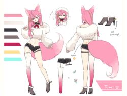  animal_ears ass bandaid collar commission commissioner_upload female from_behind full_body fur_sweater hair_ornament hairclip high_heels highres koinu_emiko looking_at_viewer midriff multiple_views naozi navel off_shoulder original pink_eyes pink_hair reference_sheet short_shorts shorts standing star_(symbol) tail thigh_strap tongue tongue_out white_background wolf_ears wolf_tail 