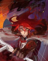  1boy armor black_gloves blood blood_on_clothes bow_(weapon) cape commentary drawing_bow failnaught_(fate) fate/grand_order fate_(series) fire floating_hair gloves hair_between_eyes holding holding_bow_(weapon) holding_weapon long_hair looking_at_viewer male_focus mouth_hold red_hair royst serious string teeth torn_cape torn_clothes tristan_(fate) weapon yellow_eyes 