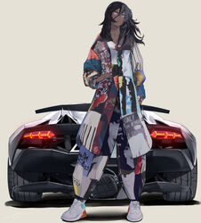  absurdres arm_at_side black_hair car dark-skinned_female dark_skin female frown full_body hair_between_eyes highres lamborghini lamborghini_sesto_elemento long_hair long_sleeves looking_at_viewer motor_vehicle original purple_eyes shoes simple_background sneakers sports_car standing taiyaka315 vehicle_focus 