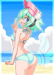  aqua_bikini ass azure_striker_gunvolt back beach bikini blue_eyes blue_sky breasts cloud cloudy_sky commentary cougar_(cougar1404) cowboy_shot day energy_wings female green_hair gunvolt_chronicles_luminous_avenger_ix halterneck headgear horizon looking_at_viewer looking_back medium_breasts ocean open_mouth outdoors red_headwear roro_(gunvolt) short_hair sky smile solo standing swimsuit v 