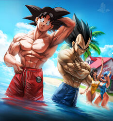  2boys 2girls absurdres arm_up armpits arms_up beach black_eyes black_hair blue_eyes blue_hair blue_one-piece_swimsuit blue_sky breasts breasts_squeezed_together bulma_briefs casual_one-piece_swimsuit chi-chi_(dragon_ball) closed_mouth cloud covered_navel covered_nipples crossed_arms dragon_ball dragon_ball_z earrings elite_nappa highleg highleg_swimsuit highres house implied_yuri island jewelry kame_house large_breasts long_hair looking_at_viewer male_swimwear multiple_boys multiple_girls muscular muscular_male ocean one-piece_swimsuit one_eye_closed outdoors palm_tree saiyan shiny_skin short_hair sky smile smirk son_goku spiked_hair standing swim_trunks swimsuit topless_male tree vegeta water yellow_one-piece_swimsuit 