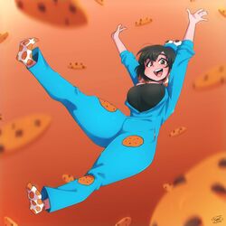  ankle_socks arms_up black_hair blush breasts brown_eyes character_request cookie_monster cookie_monster_(cosplay) copyright_request cosplay female highres large_breasts looking_at_viewer open_mouth ryou_sakai sesame_street short_hair smile socks solo teeth upper_teeth_only 