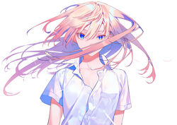  blonde_hair blue_eyes breast_pocket collared_shirt covered_mouth female hair_between_eyes hair_over_mouth original pocket popped_collar shirt short_sleeves simple_background solo upper_body white_background white_shirt wing_collar yamakawa 