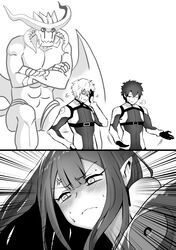  2boys anger_vein baobhan_sith_(fate) blush cosplay crossed_arms demon devilman emphasis_lines facepalm fate/grand_order fate_(series) female fujimaru_ritsuka_(male) fujimaru_ritsuka_(male)_(chaldea_combat_uniform) fujimaru_ritsuka_(male)_(chaldea_combat_uniform)_(cosplay) fujimaru_ritsuka_(male)_(cosplay) greyscale highres hirunagi horns kadoc_zemlupus long_hair meme monochrome monster multiple_boys official_alternate_costume pointy_ears shrugging sigh 