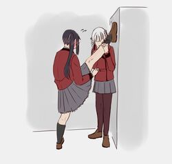  2girls black_hair blush commentary crispykodraws english_commentary foot_kabedon hyakkaou_academy_school_uniform igarashi_sayaka kabedon kakegurui locker_foot_kabedon_(meme) meme momobami_kirari multiple_girls pantyhose school_uniform split standing standing_on_one_leg standing_split yuri 