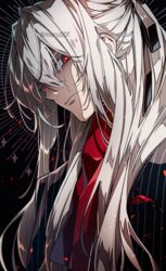  1boy alternate_hairstyle antonio_salieri_(fate) antonio_salieri_(second_ascension)_(fate) commentary fate/grand_order fate_(series) formal grey_hair hair_tie jacket light_particles long_hair long_sleeves looking_at_viewer male_focus moru pinstripe_pattern pinstripe_suit ponytail red_eyes solo striped suit twitter_username upper_body white_hair 