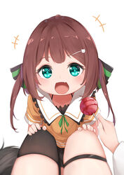  +++ 2girls :d absurdres aged_down aqua_eyes black_thighhighs blush brown_hair candy commentary female_pov food fox_tail hair_ornament hairclip hands_on_another&#039;s_knees head_tilt highres hololive lolicon lollipop long_hair multiple_girls natsuiro_matsuri oerba_yun_fang open_mouth pov shirakami_fubuki single_thighhigh skin_fang smile symbol-only_commentary tail thigh_strap thighhighs to_naive virtual_youtuber white_background 