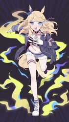  animal_ears bad_id bad_twitter_id black_jacket blonde_hair blue_eyes denim denim_shorts female full_body gloves glowing glowing_eye gold_city_(umamusume) highres horse_ears horse_girl horse_tail jacket long_hair midriff multicolored_nails rn10r running shorts single_glove solo tail thigh_strap umamusume 