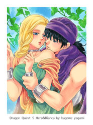  1boy artist_name bare_shoulders belt bianca_(dq5) black_hair blonde_hair blue_eyes blue_sky bracelet braid breasts cape character_name collarbone commentary_request couple defense_zero dragon_quest dragon_quest_v dress female green_dress hair_over_shoulder hero_(dq5) holding_another&#039;s_arm holding_hands husband_and_wife jewelry large_breasts leaf lips long_hair looking_at_another low_ponytail neck_ring orange_cape parted_lips purple_cape purple_headwear single_braid sky straight turban upper_body 