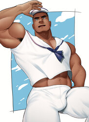  1boy absurdres adjusting_clothes adjusting_headwear arm_hair armpit_hair armpit_hair_peek ass_visible_through_thighs bara biceps blue_sailor_collar blush bulge buzz_cut cloud cloudy_sky dark-skinned_male dark_skin feet_out_of_frame hand_up hat highres kansuke_(kansuke_717) large_pectorals leg_up male_focus mature_male midriff_peek muscular muscular_male navel navel_hair original pants pectoral_cleavage pectorals sailor sailor_collar sailor_hat sailor_shirt shirt short_hair sky sleeveless sleeveless_shirt smile solo thick_eyebrows thick_thighs thighs very_short_hair white_pants 