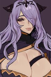  absurdres breasts camilla_(fire_emblem) cleavage english_commentary ennuigrl female fire_emblem fire_emblem_fates hair_over_one_eye highres huge_breasts lips long_hair pink_lips purple_eyes purple_hair solo strap tiara unfinished wavy_hair 