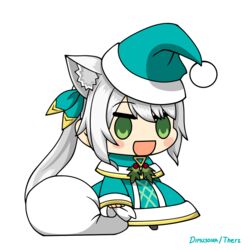  :d animal_ear_fluff animal_ears artist_name black_footwear blush bow capelet cat_ears chibi christmas commentary dimusoika dress female fur-trimmed_capelet fur_trim gift_bag gold_trim green_bow green_capelet green_dress green_eyes green_hat green_santa_costume grey_hair hairbow hat hizuki_miu holding holding_sack holly long_hair long_sleeves meme open_mouth padoru_(meme) sack santa_costume santa_dress santa_hat side_ponytail sidelocks smile solo standing transparent_background triangle very_long_hair virtual_youtuber wactor_production 