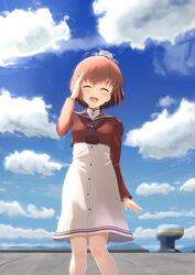  ^_^ blush brown_hair brown_necktie brown_sailor_collar buttons closed_eyes cloud cloudy_sky day feet_out_of_frame female hair_between_eyes hair_ornament highres kantai_collection long_sleeves necktie ochikata_kage open_mouth red_shirt sailor_collar sailor_shirt salute shirt short_hair sky smile solo tan_yang_(kancolle) teeth upper_teeth_only yukikaze_(kancolle) 