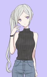  akina_(akn_646) alternate_costume closed_mouth edelgard_von_hresvelg female fire_emblem fire_emblem:_three_houses highres long_hair purple_background purple_eyes side_ponytail simple_background sleeveless solo turtleneck white_hair 