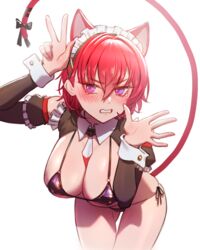  animal_ears bikini black_bikini breasts cat_ears cat_tail cleavage clenched_teeth cropped_legs detached_sleeves english_commentary female hungr_(nyanom) janghwa_(last_origin) kemonomimi_mode large_breasts last_origin leaning_forward looking_at_viewer maid maid_headdress micro_bikini mole mole_under_eye multiple_moles official_alternate_costume red_eyes red_hair red_tail short_hair side-tie_bikini_bottom simple_background solo string_bikini swimsuit tail teeth unconventional_maid white_background wrist_cuffs 