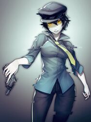  black_hair black_pants blue_shirt breasts collared_shirt female glitch grey_background gun handgun hat highres holding holding_gun holding_weapon medium_breasts necktie pants persona persona_4 persona_4:_dancing_all_night persona_dancing shadow_(persona) shirogane_naoto shirt short_hair simple_background smile solo weapon yellow_eyes yellow_necktie yuuten 